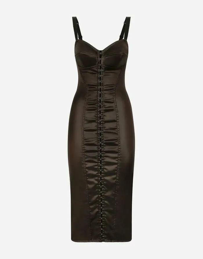Dolce and Gabbana Dresses Women Glossy Satin Calflength Corset Dress Brown