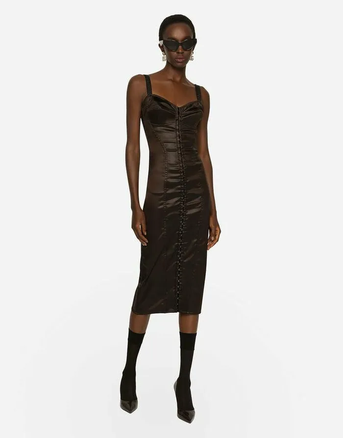 Dolce and Gabbana Dresses Women Glossy Satin Calflength Corset Dress Brown