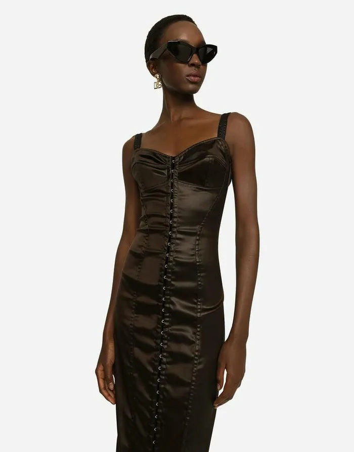 Dolce and Gabbana Dresses Women Glossy Satin Calflength Corset Dress Brown