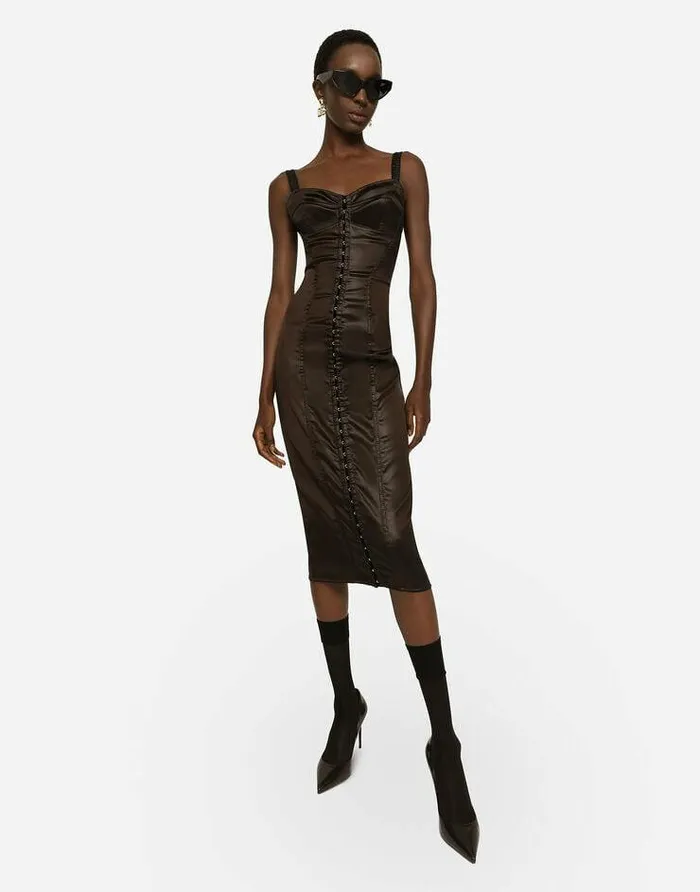 Dolce and Gabbana Dresses Women Glossy Satin Calflength Corset Dress Brown