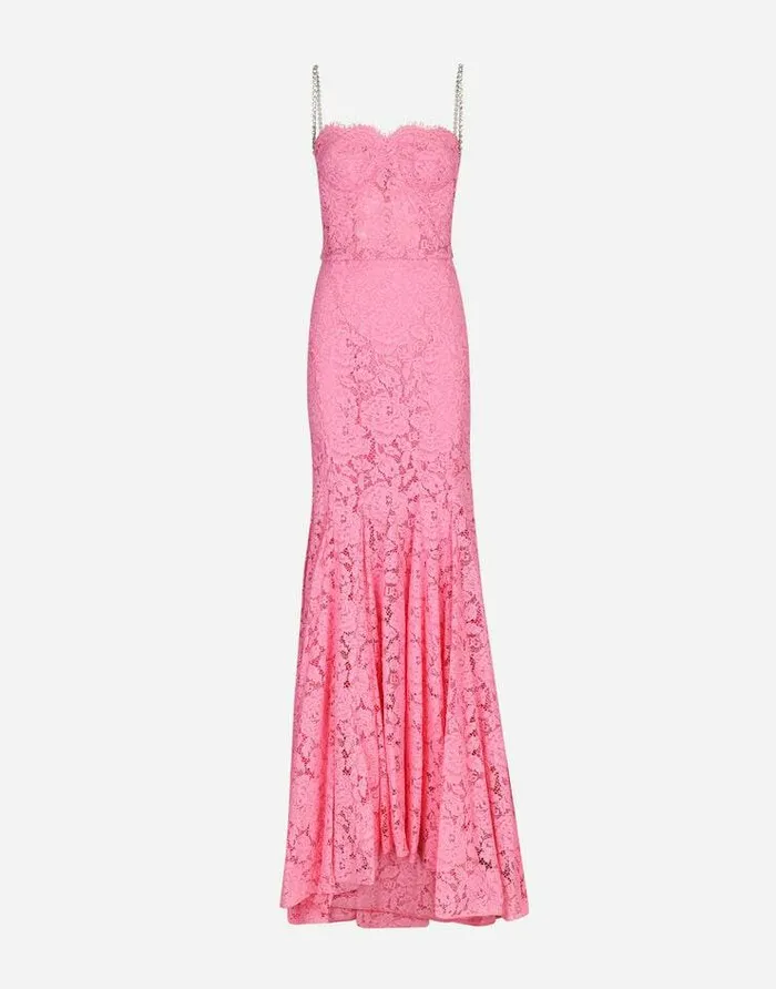 Dolce and Gabbana Dresses Women Long Branded Stretch Lace Dress Pink