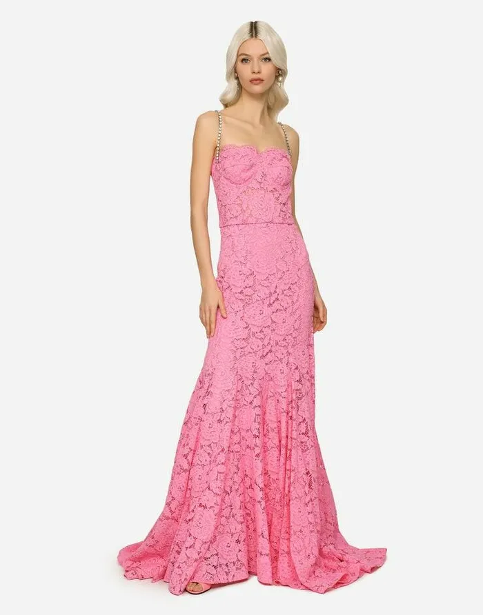 Dolce and Gabbana Dresses Women Long Branded Stretch Lace Dress Pink