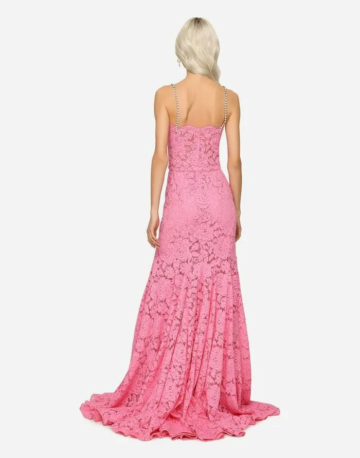 Dolce and Gabbana Dresses Women Long Branded Stretch Lace Dress Pink