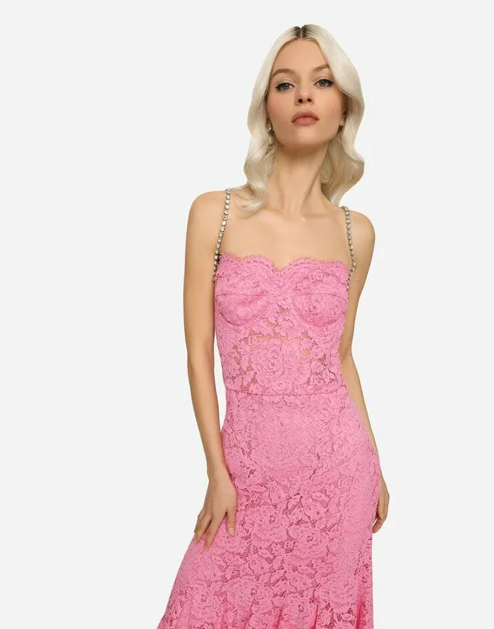 Dolce and Gabbana Dresses Women Long Branded Stretch Lace Dress Pink
