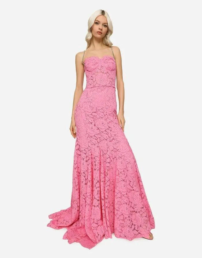 Dolce and Gabbana Dresses Women Long Branded Stretch Lace Dress Pink