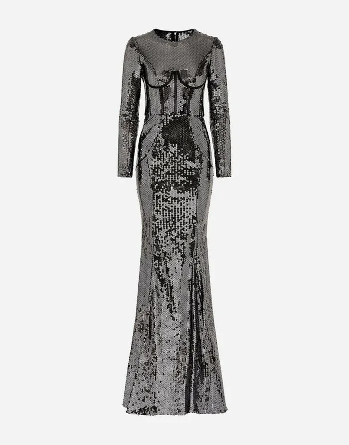 Dolce and Gabbana Dresses Women Long Sequined Dress With Corset Detailing Grey Dolce and Gabbana Dresses Women Long Sequined Dress With Corset Detailing Grey