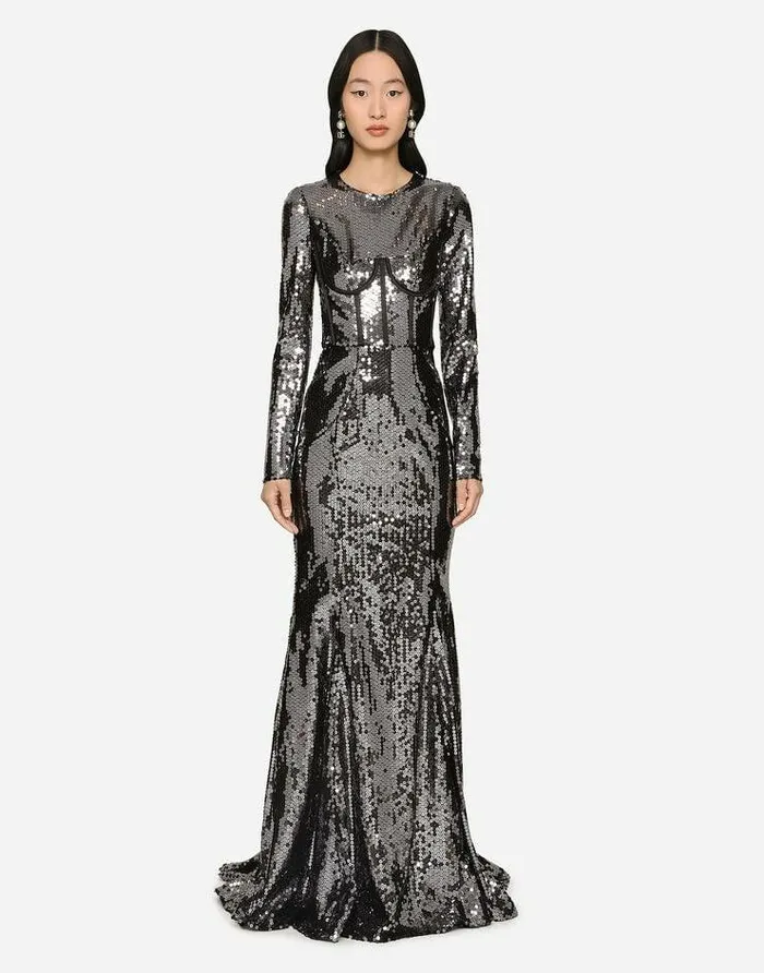 Dolce and Gabbana Dresses Women Long Sequined Dress With Corset Detailing Grey Dolce and Gabbana Dresses Women Long Sequined Dress With Corset Detailing Grey