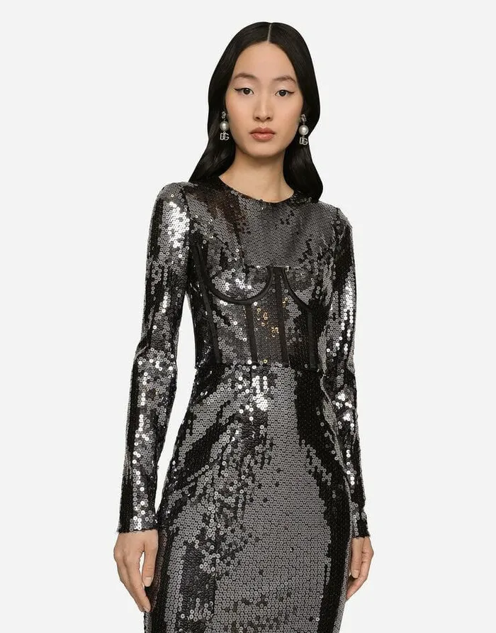 Dolce and Gabbana Dresses Women Long Sequined Dress With Corset Detailing Grey Dolce and Gabbana Dresses Women Long Sequined Dress With Corset Detailing Grey