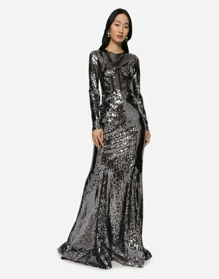 Dolce and Gabbana Dresses Women Long Sequined Dress With Corset Detailing Grey Dolce and Gabbana Dresses Women Long Sequined Dress With Corset Detailing Grey