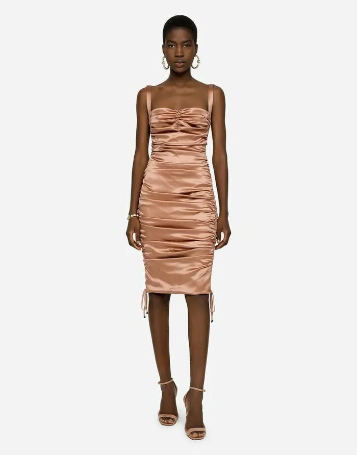 Dolce and Gabbana Dresses Women Satin Midi Dress With Draping And Lacing Beige Dolce and Gabbana Dresses Women Satin Midi Dress With Draping And Lacing Beige