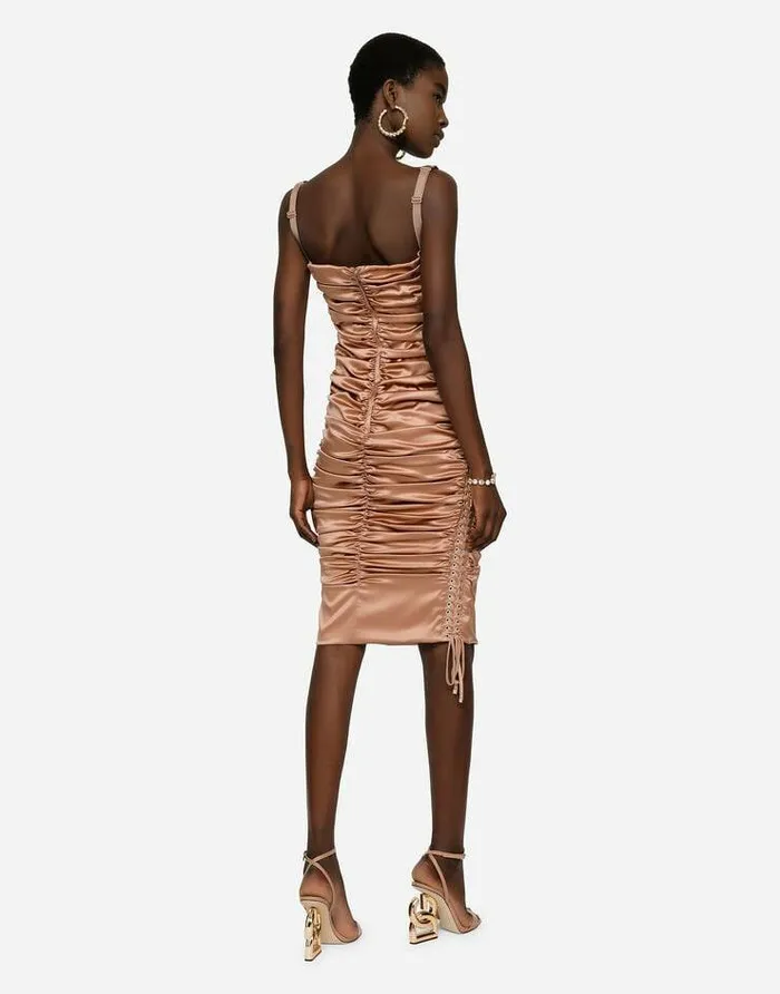Dolce and Gabbana Dresses Women Satin Midi Dress With Draping And Lacing Beige Dolce and Gabbana Dresses Women Satin Midi Dress With Draping And Lacing Beige