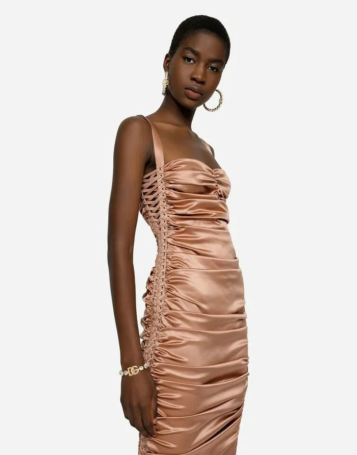 Dolce and Gabbana Dresses Women Satin Midi Dress With Draping And Lacing Beige Dolce and Gabbana Dresses Women Satin Midi Dress With Draping And Lacing Beige