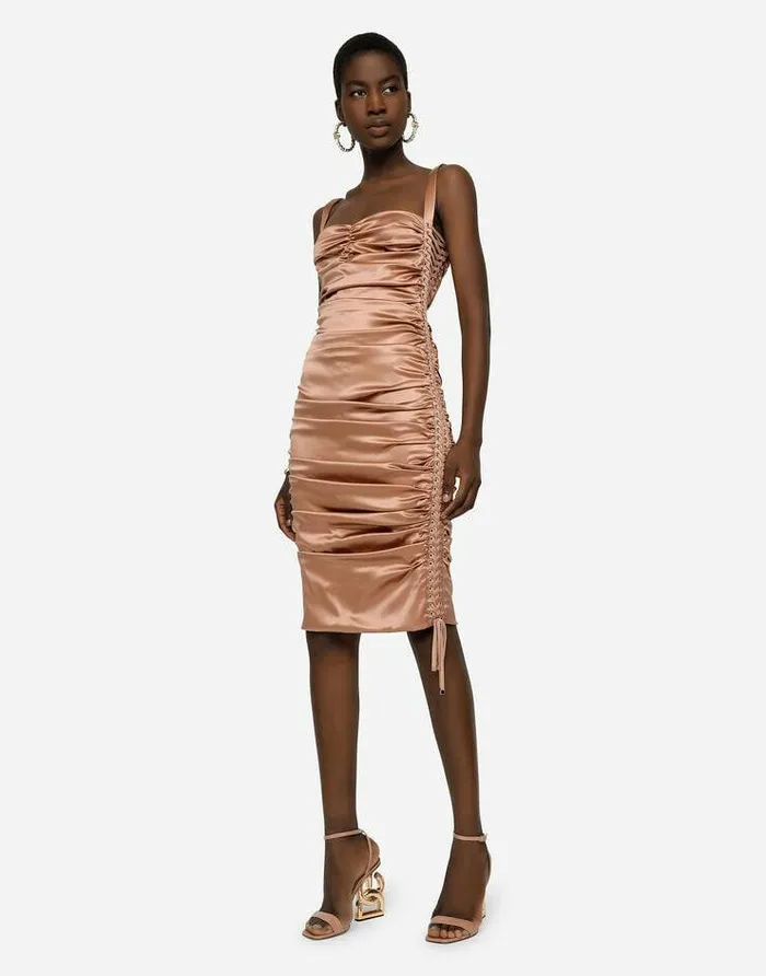 Dolce and Gabbana Dresses Women Satin Midi Dress With Draping And Lacing Beige Dolce and Gabbana Dresses Women Satin Midi Dress With Draping And Lacing Beige