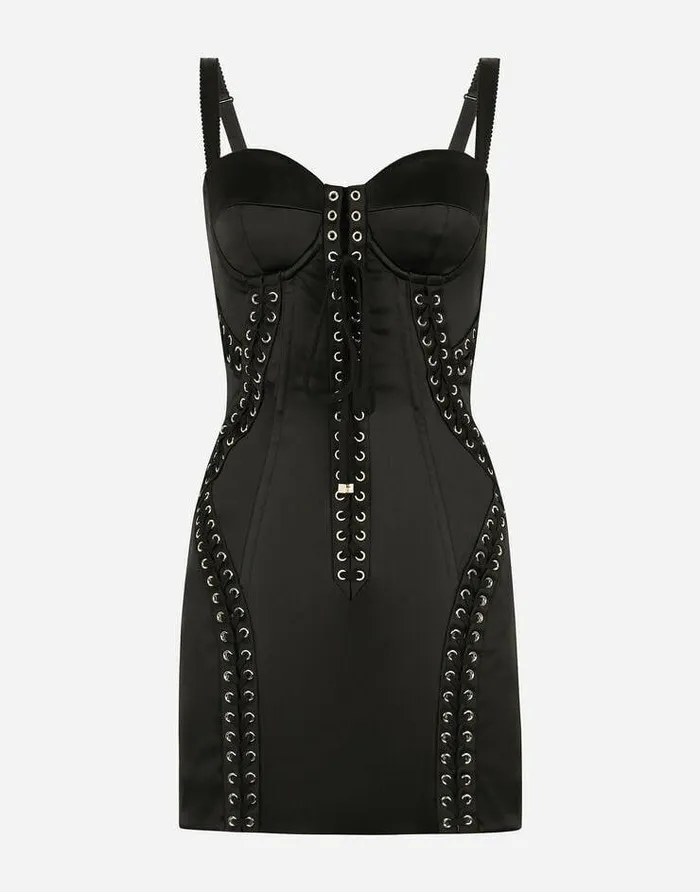 Dolce and Gabbana Dresses Women Short Satin Dress With Laces And Eyelets Black