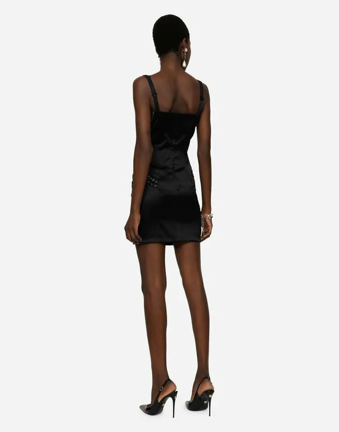Dolce and Gabbana Dresses Women Short Satin Dress With Laces And Eyelets Black Dolce and Gabbana Dresses Women Short Satin Dress With Laces And Eyelets Black