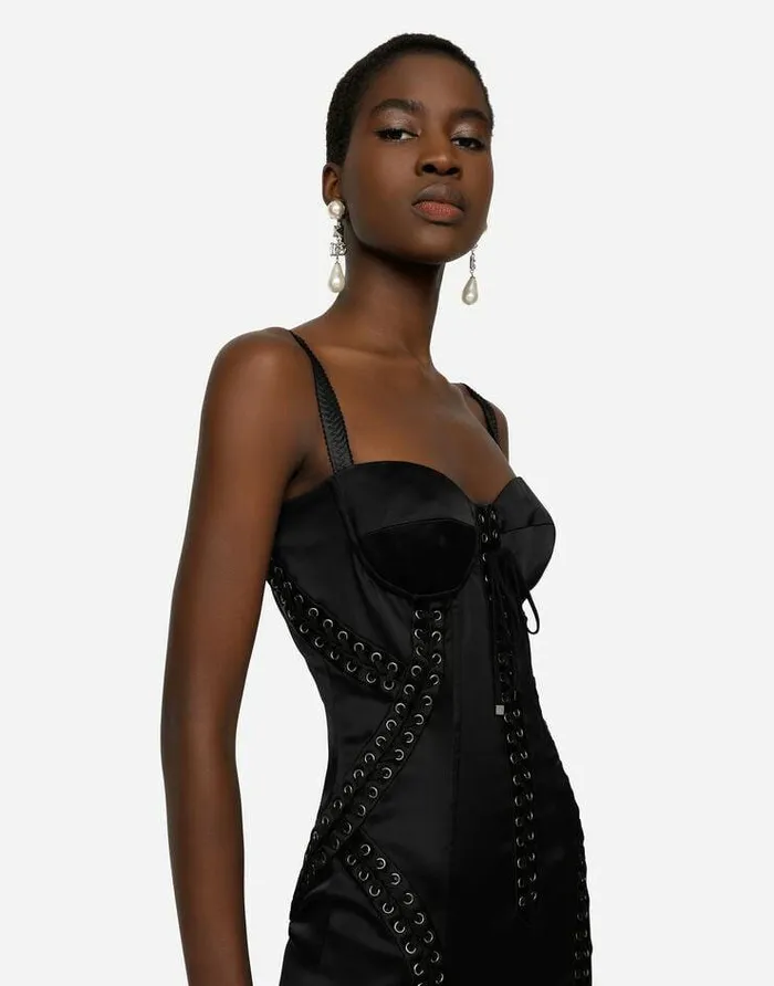 Dolce and Gabbana Dresses Women Short Satin Dress With Laces And Eyelets Black Dolce and Gabbana Dresses Women Short Satin Dress With Laces And Eyelets Black