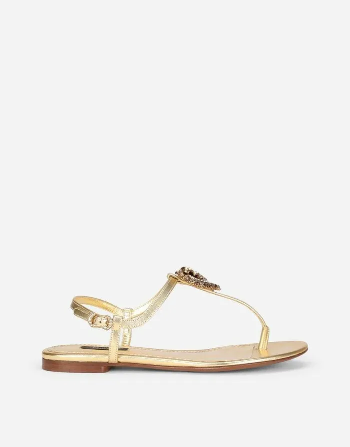 Dolce and Gabbana Flat Women Nappa Leather Devotion Thong Sandals Gold