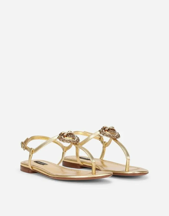 Dolce and Gabbana Flat Women Nappa Leather Devotion Thong Sandals Gold Dolce and Gabbana Flat Women Nappa Leather Devotion Thong Sandals Gold