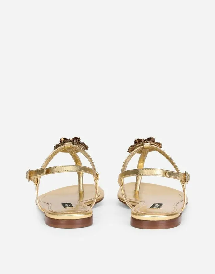 Dolce and Gabbana Flat Women Nappa Leather Devotion Thong Sandals Gold Dolce and Gabbana Flat Women Nappa Leather Devotion Thong Sandals Gold