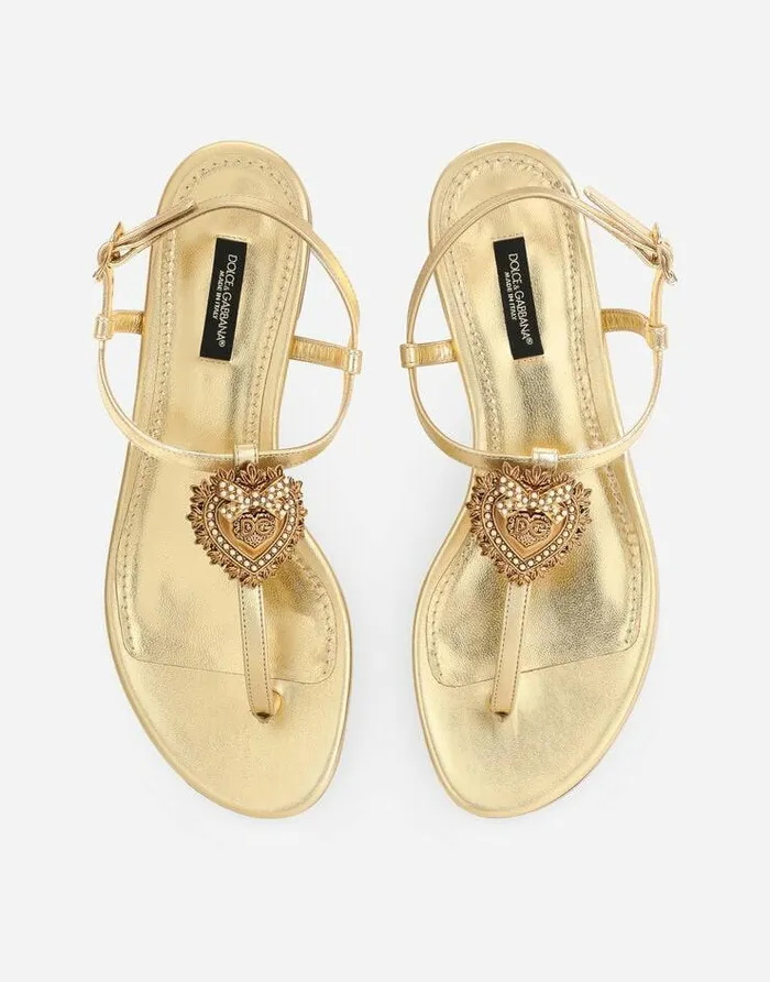 Dolce and Gabbana Flat Women Nappa Leather Devotion Thong Sandals Gold Dolce and Gabbana Flat Women Nappa Leather Devotion Thong Sandals Gold