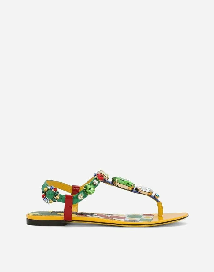 Dolce and Gabbana Flat Women Patent Leather Thong Sandals Multicolor
