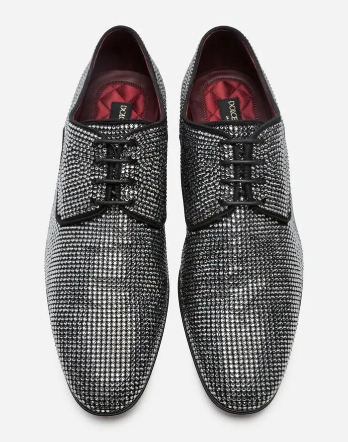 Dolce and Gabbana LaceUps Men Derby In Suede With Allover Rhinestones Blacksilver Dolce and Gabbana LaceUps Men Derby In Suede With Allover Rhinestones Blacksilver