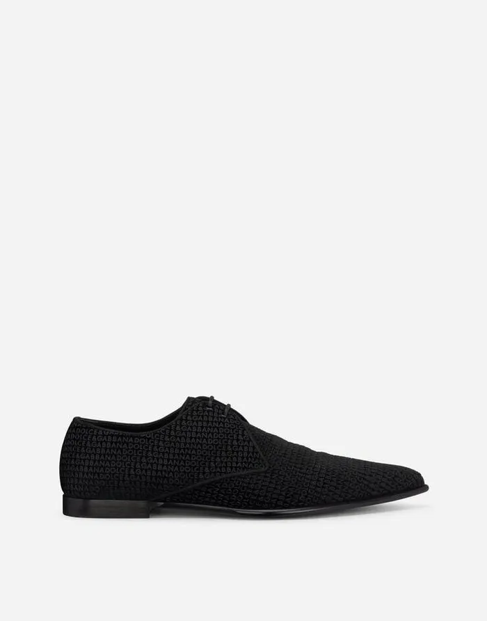 Dolce and Gabbana LaceUps Men Velvet Derby Shoes With Allover Logo Black