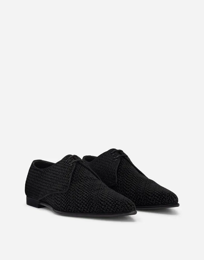 Dolce and Gabbana LaceUps Men Velvet Derby Shoes With Allover Logo Black Dolce and Gabbana LaceUps Men Velvet Derby Shoes With Allover Logo Black