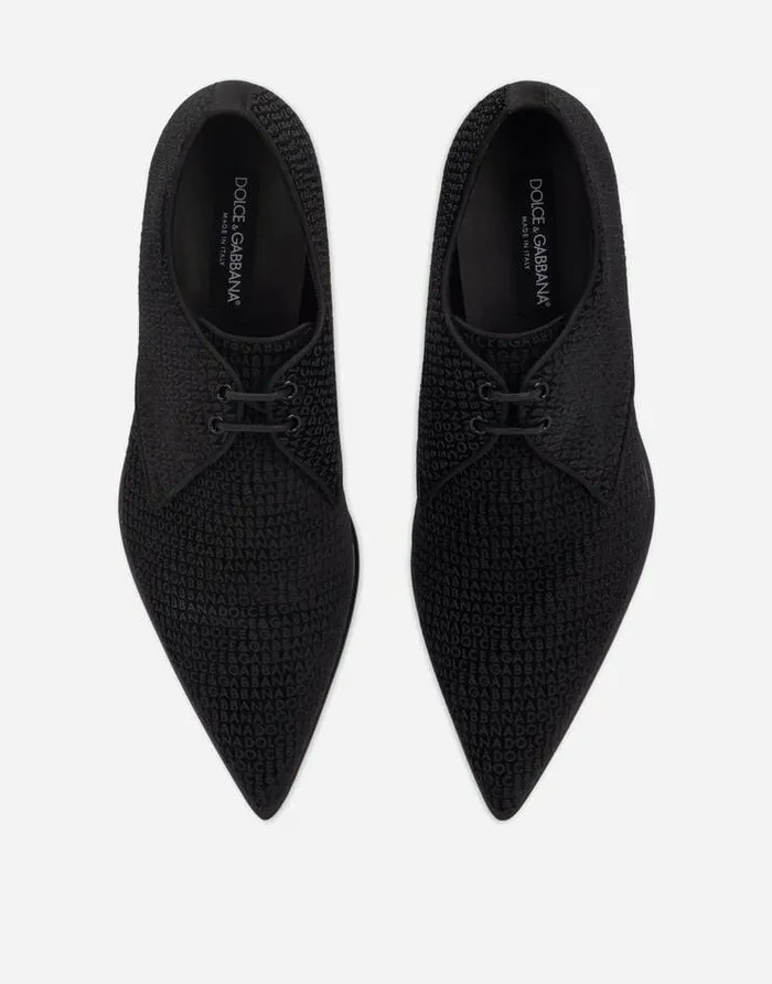 Dolce and Gabbana LaceUps Men Velvet Derby Shoes With Allover Logo Black Dolce and Gabbana LaceUps Men Velvet Derby Shoes With Allover Logo Black
