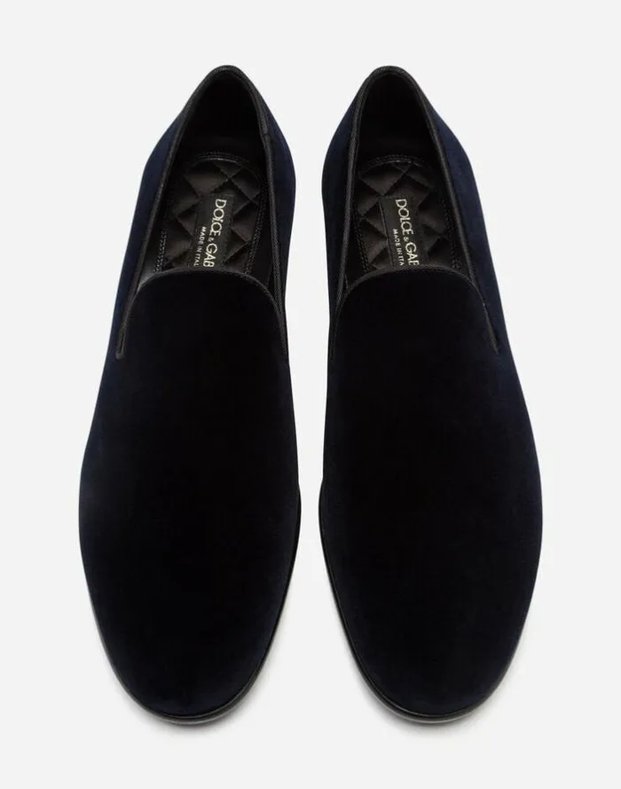 Dolce and Gabbana Loafers And Moccasins Men Slippers In Velvet Blue Dolce and Gabbana Loafers And Moccasins Men Slippers In Velvet Blue