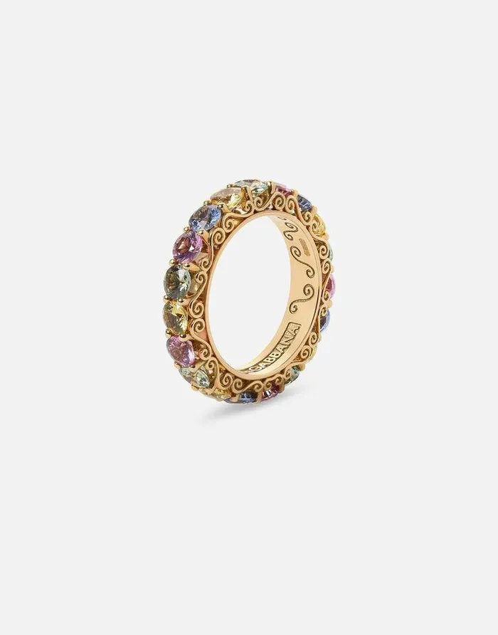 Dolce and Gabbana Rings Women Heritage Band Ring In Yellow 18kt Gold With Multicoloured Sapphires Gold