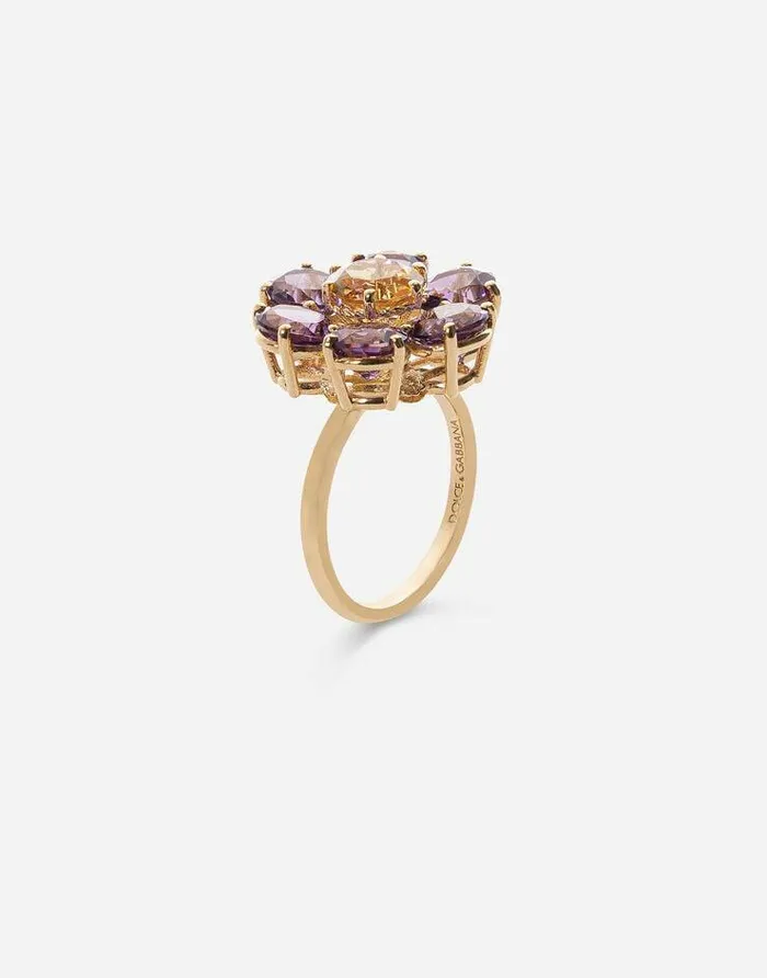 Dolce and Gabbana Rings Women Spring Ring In Yellow 18kt Gold With Amethyst Floral Motif Gold Dolce and Gabbana Rings Women Spring Ring In Yellow 18kt Gold With Amethyst Floral Motif Gold