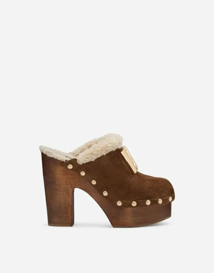 Dolce and Gabbana Sandals And Wedges Women Suede And Faux Fur Clogs Brown