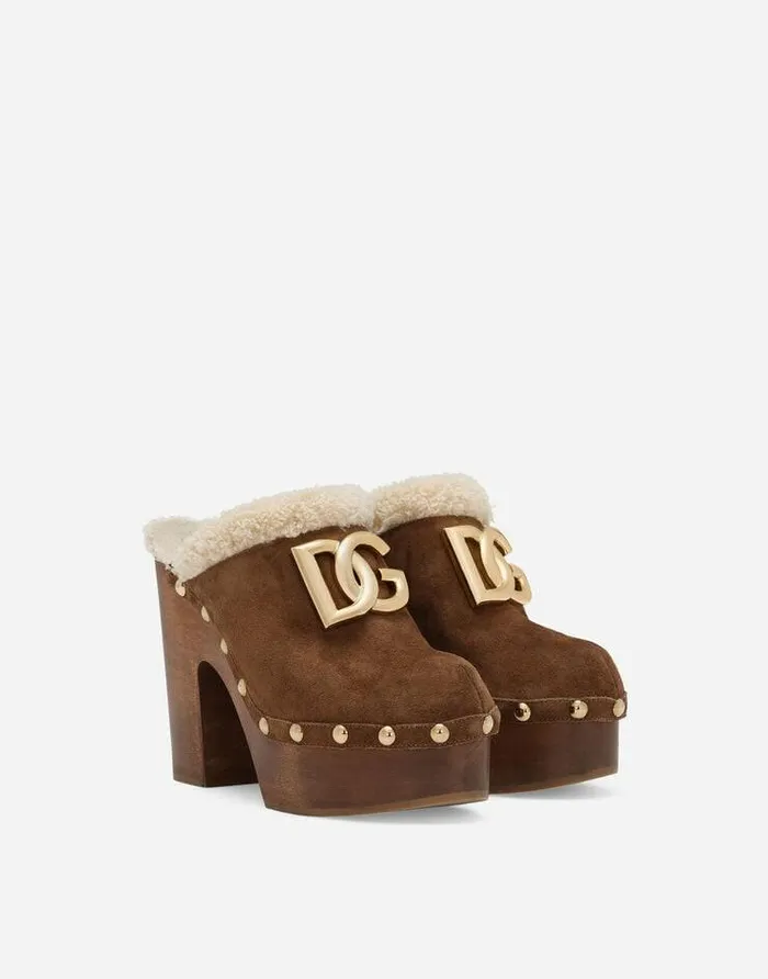 Dolce and Gabbana Sandals And Wedges Women Suede And Faux Fur Clogs Brown Dolce and Gabbana Sandals And Wedges Women Suede And Faux Fur Clogs Brown