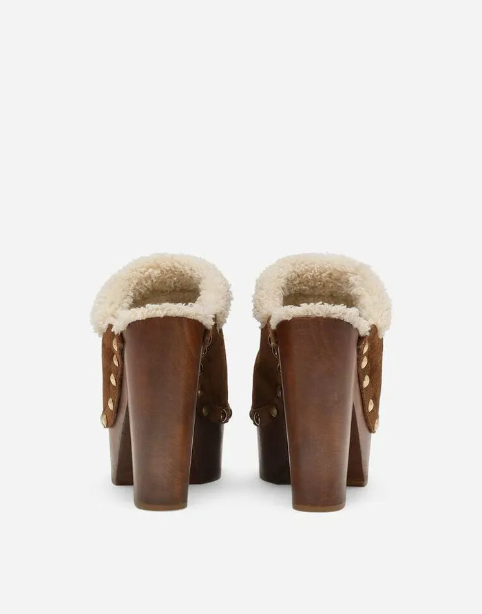 Dolce and Gabbana Sandals And Wedges Women Suede And Faux Fur Clogs Brown Dolce and Gabbana Sandals And Wedges Women Suede And Faux Fur Clogs Brown