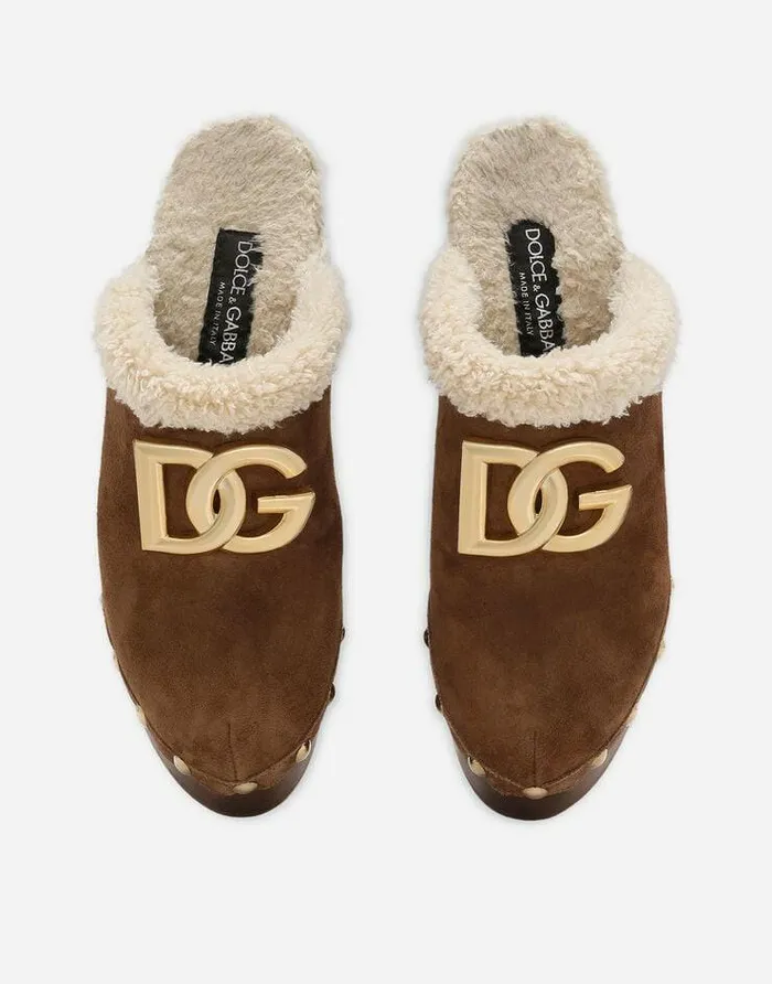 Dolce and Gabbana Sandals And Wedges Women Suede And Faux Fur Clogs Brown Dolce and Gabbana Sandals And Wedges Women Suede And Faux Fur Clogs Brown