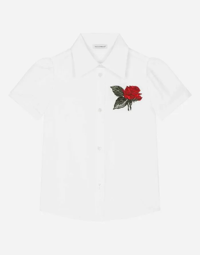 Dolce and Gabbana Shirts And Tops Children Shortsleeved Poplin Shirt With Rose Patch White Dolce and Gabbana Shirts And Tops Children Shortsleeved Poplin Shirt With Rose Patch White