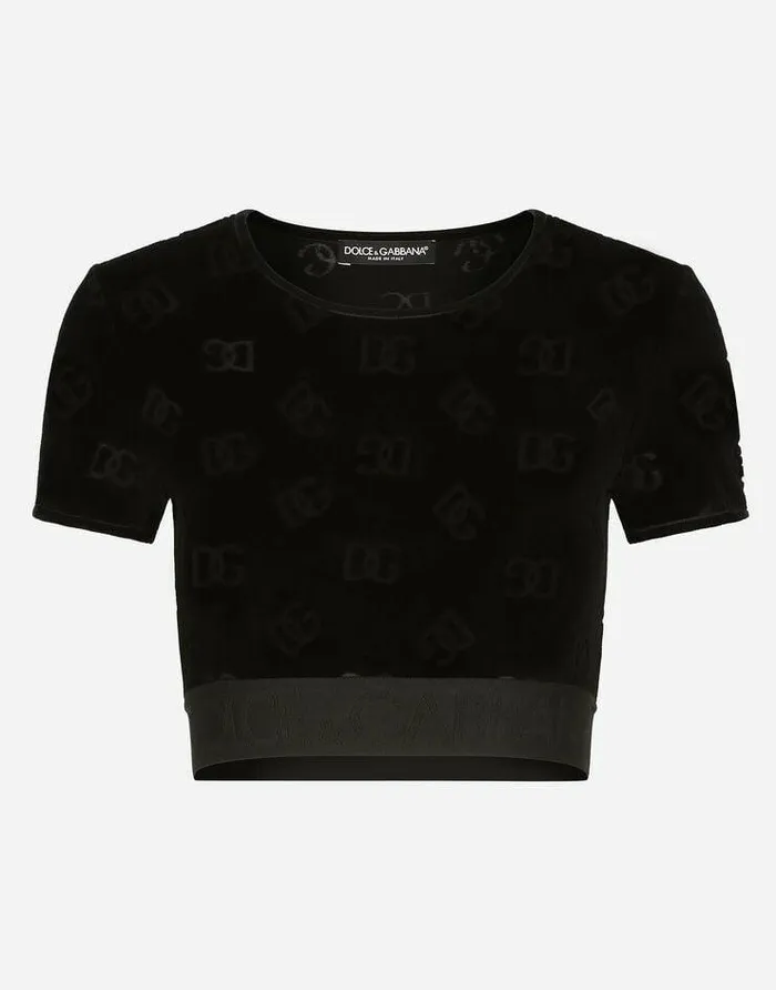 Dolce and Gabbana Shirts And Tops Women Flocked Jersey Tshirt With Allover DG Logo Black Dolce and Gabbana Shirts And Tops Women Flocked Jersey Tshirt With Allover DG Logo Black