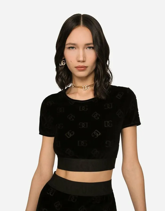 Dolce and Gabbana Shirts And Tops Women Flocked Jersey Tshirt With Allover DG Logo Black Dolce and Gabbana Shirts And Tops Women Flocked Jersey Tshirt With Allover DG Logo Black