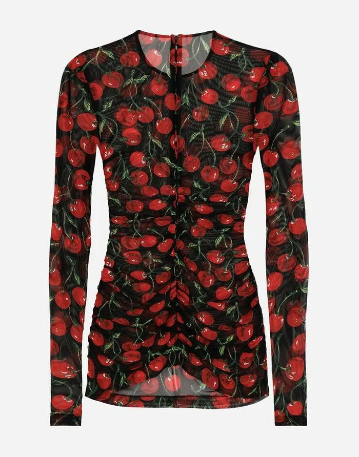 Dolce and Gabbana Shirts And Tops Women Longsleeved Tulle Top With Cherry Print And Draping Multicolor Dolce and Gabbana Shirts And Tops Women Longsleeved Tulle Top With Cherry Print And Draping Multicolor