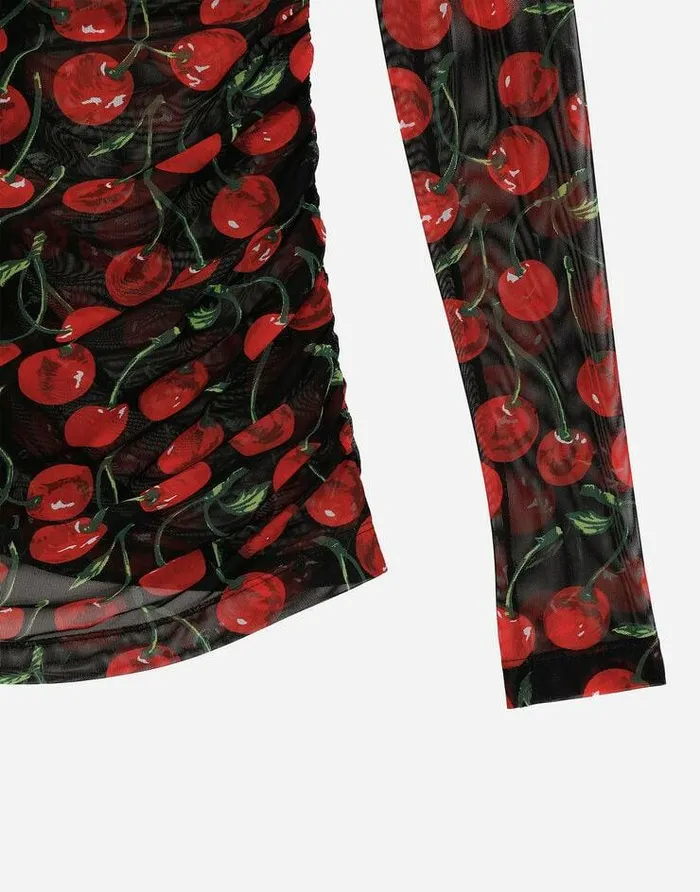Dolce and Gabbana Shirts And Tops Women Longsleeved Tulle Top With Cherry Print And Draping Multicolor Dolce and Gabbana Shirts And Tops Women Longsleeved Tulle Top With Cherry Print And Draping Multicolor
