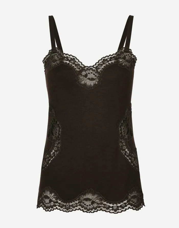 Dolce and Gabbana Shirts And Tops Women Wool Jersey Lingerie Top With Lace Inlays Brown