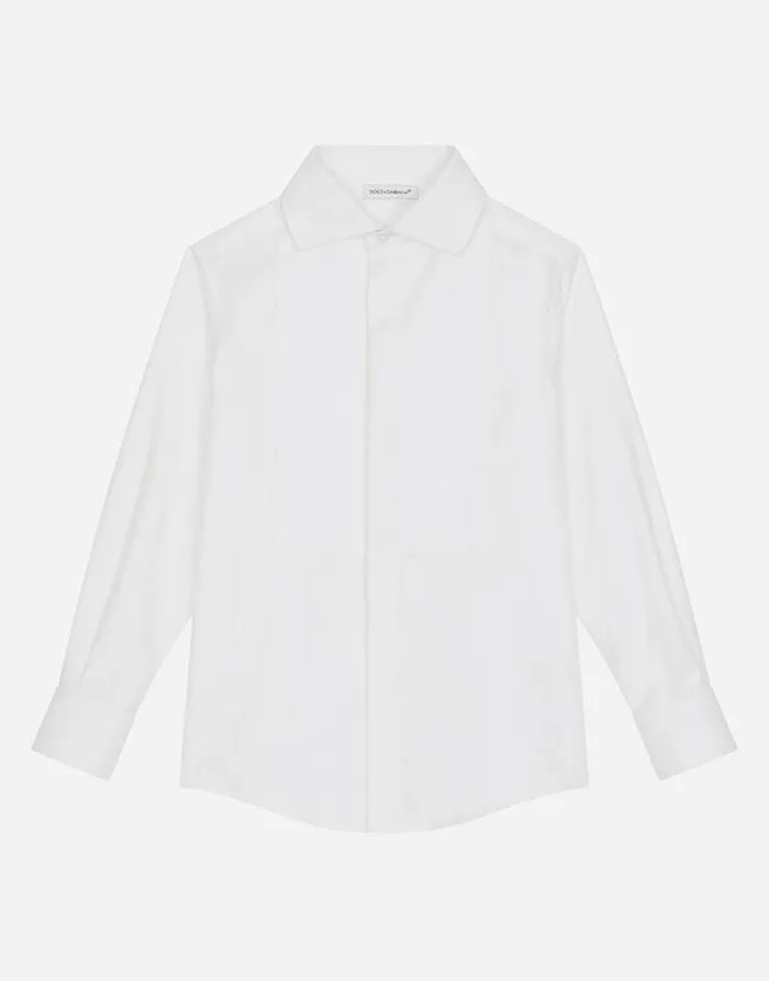 Dolce and Gabbana Shirts Children Poplin Jacquard Tuxedo Shirt With DG Logo White
