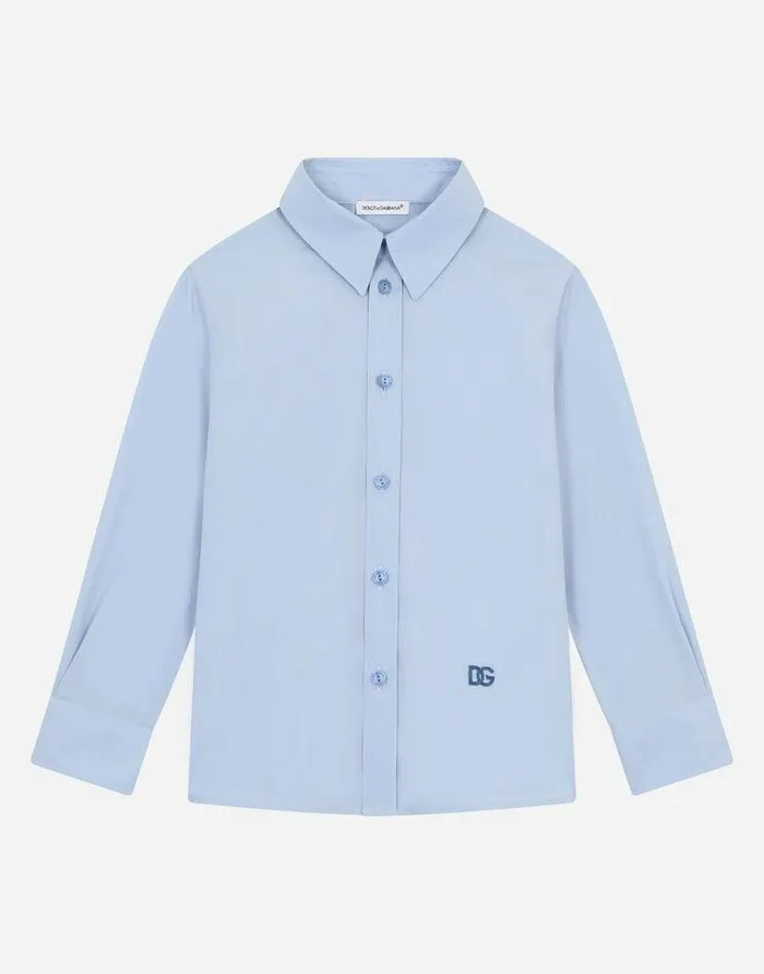 Dolce and Gabbana Shirts Children Poplin Shirt With DG Logo Embroidery Azure
