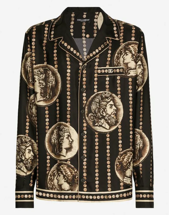 Dolce and Gabbana Shirts Men Coin Print Silk Twill Shirt Black