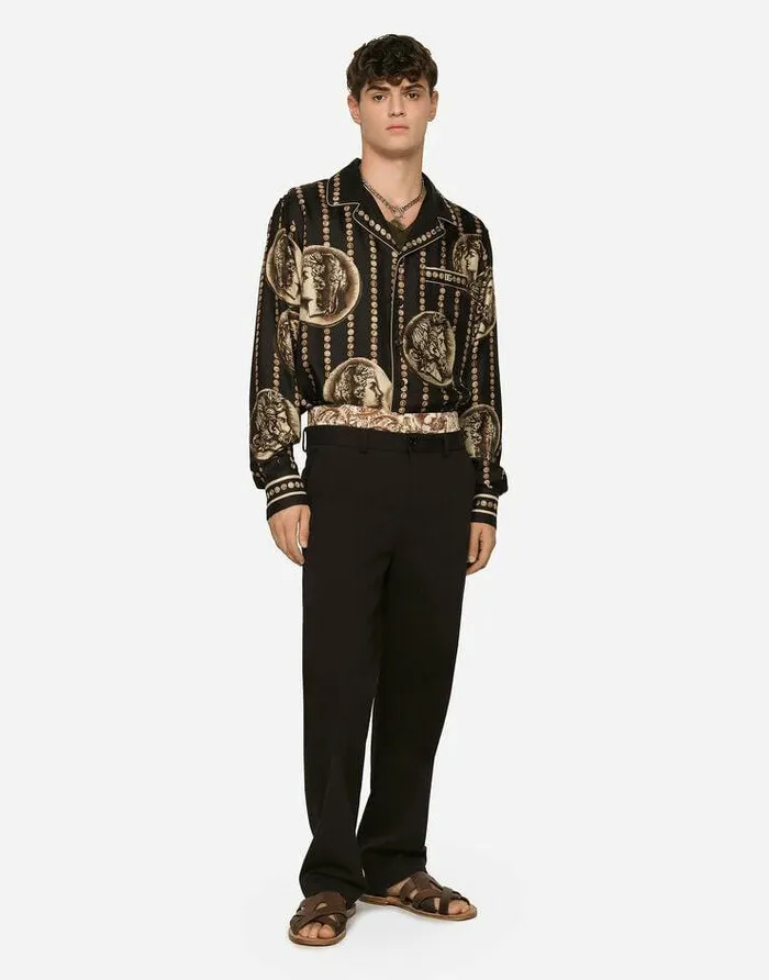Dolce and Gabbana Shirts Men Coin Print Silk Twill Shirt Black