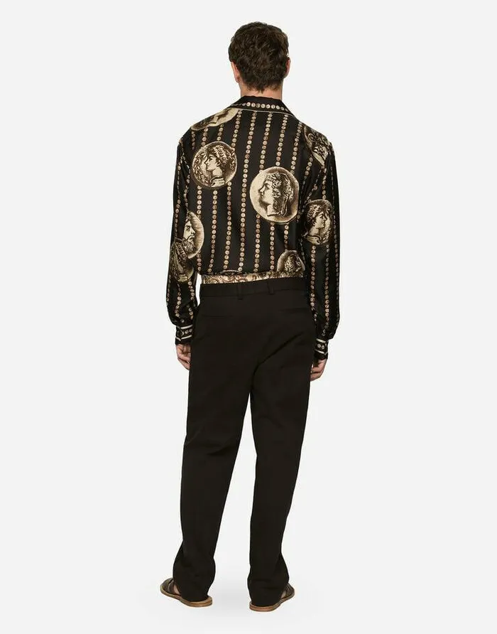 Dolce and Gabbana Shirts Men Coin Print Silk Twill Shirt Black