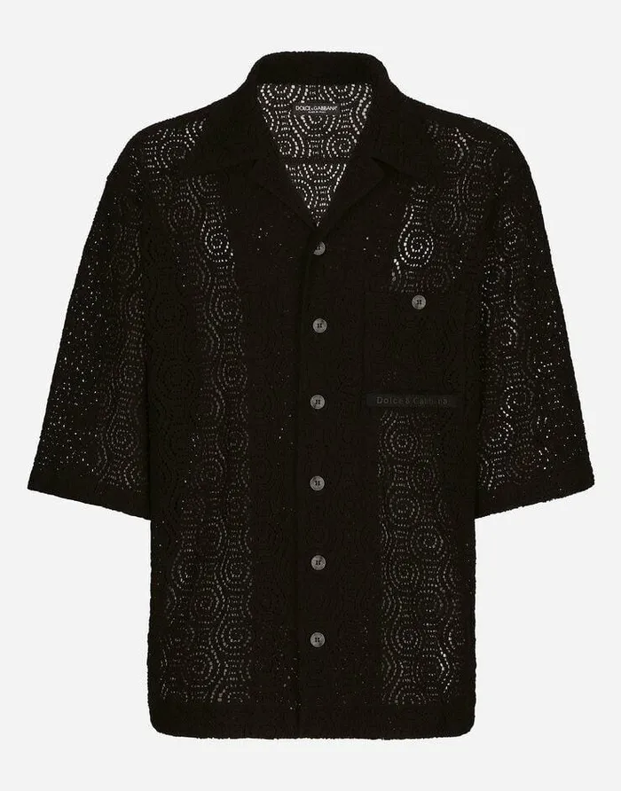 Dolce and Gabbana Shirts Men Cordonetto Lace Hawaiian Shirt Black