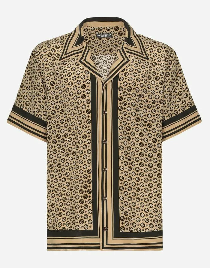 Dolce and Gabbana Shirts Men Crepe De Chine Hawaiian Shirt With DG Logo Print Green Dolce and Gabbana Shirts Men Crepe De Chine Hawaiian Shirt With DG Logo Print Green