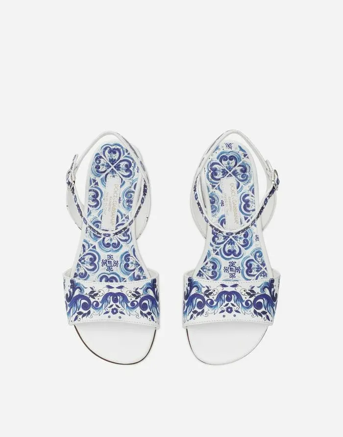 Dolce and Gabbana Shoes 2438 Children Majolicaprint Calfskin Sandals Multicolor